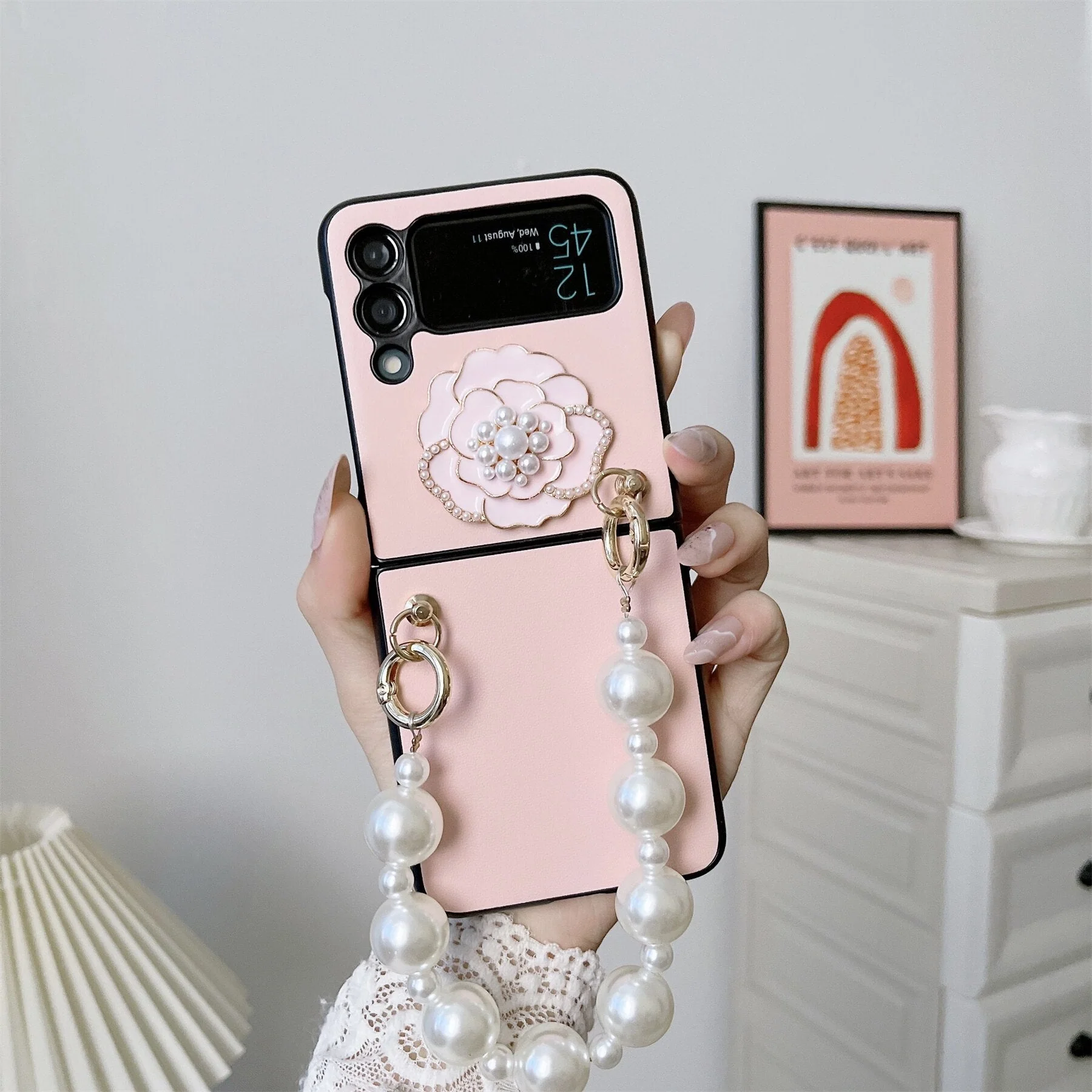 Luxury Pearl Bracelet Chain Camellia  Case for Samsung Galaxy Z Flip 4 - Image 3