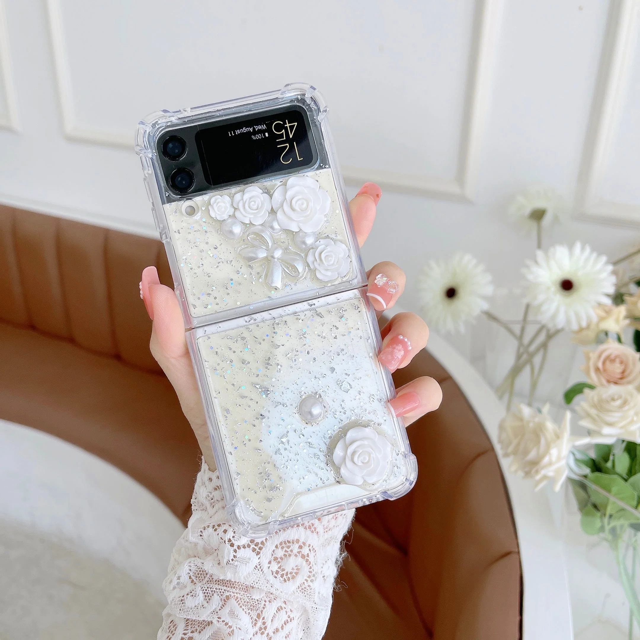 Transparent 3D Rose Glitter Case For Galaxy Z Flip 4 - Image 3